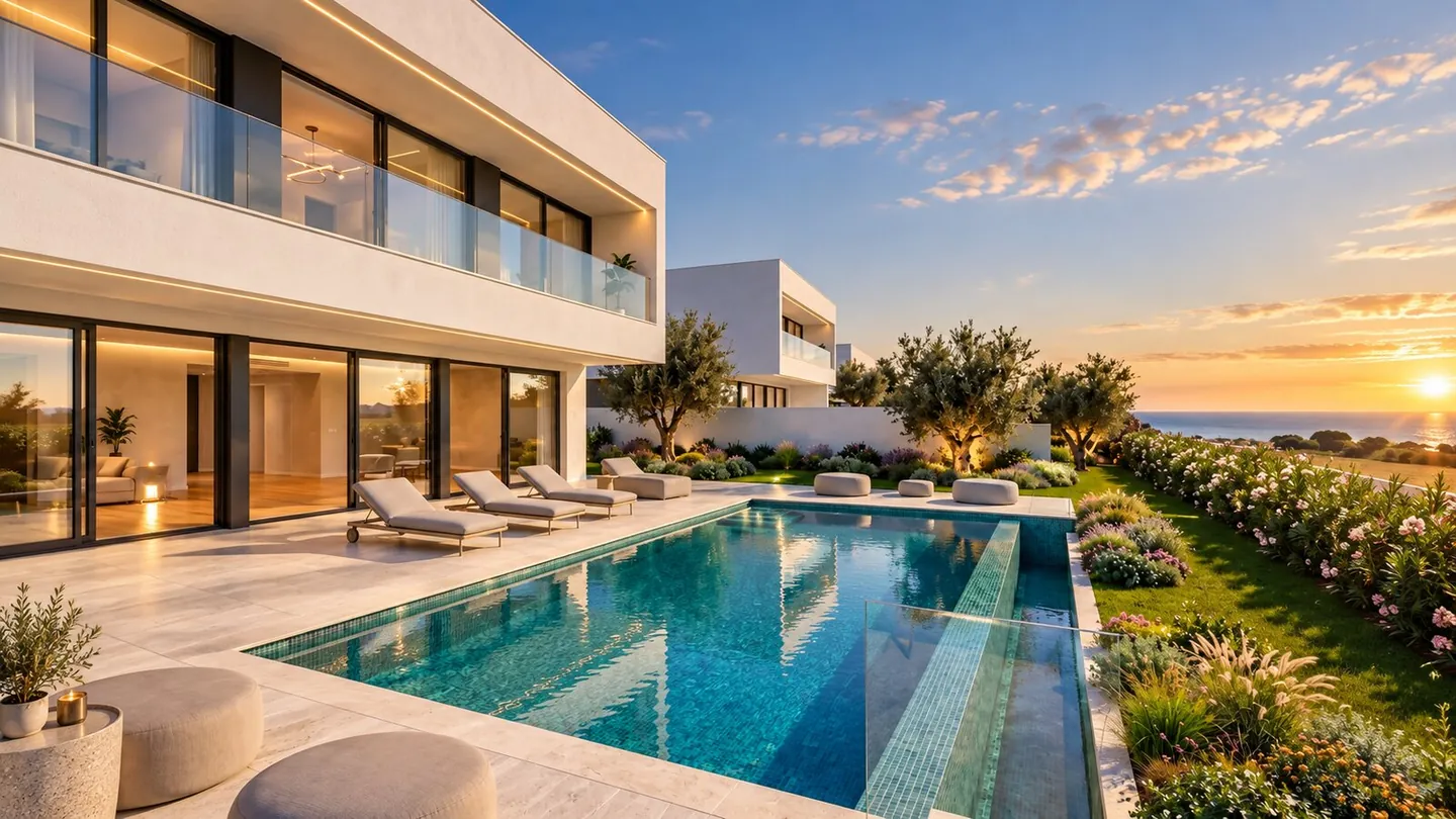 Fachada da moradia ao pôr do sol, com piscina, jardim e vista para o mar
