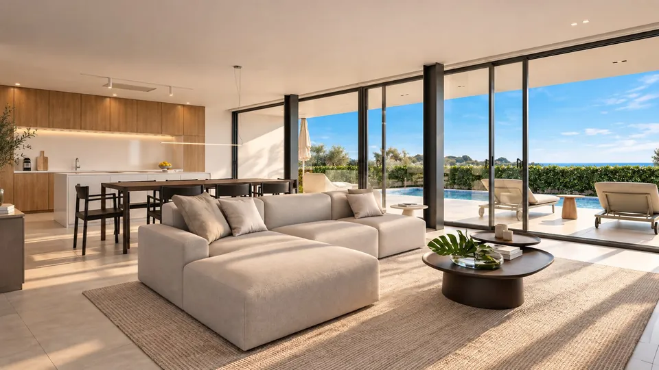 Sala de estar aberta para o terraço e para a piscina