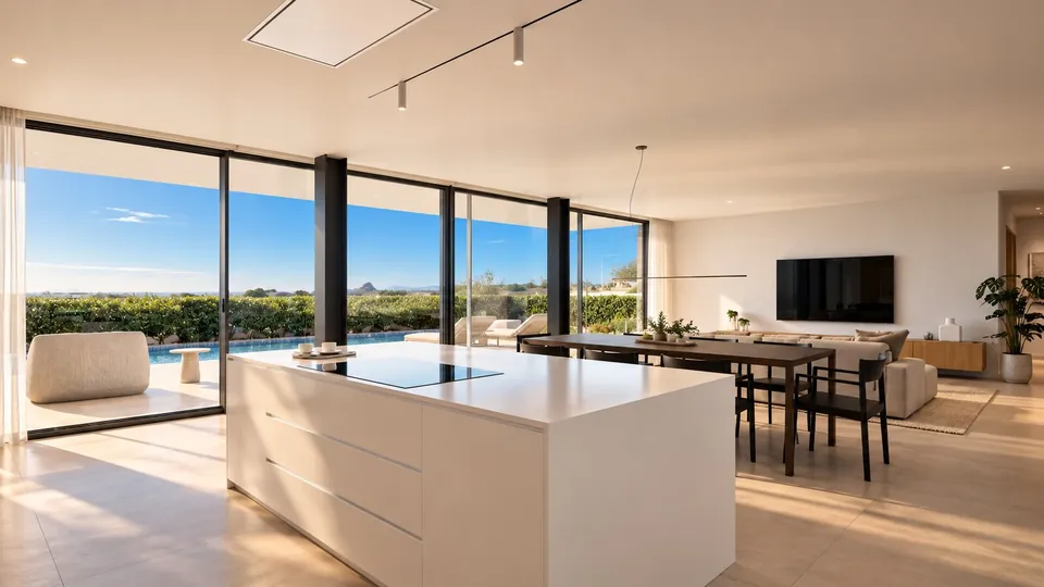 Cozinha em open space com ilha central e saída para o exterior