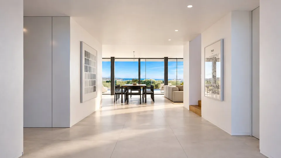 Hall de entrada com vista em enfiada até à sala e ao terraço